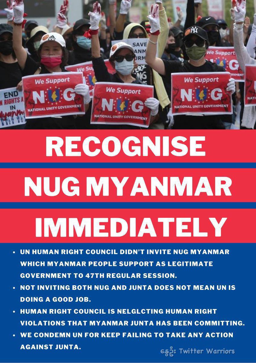 Not recognizing both <a href="/NUGMyanmar/">National Unity Government Myanmar</a> &amp; MAH-led Military terrorist group wouldn’t stop Junta from committing crimes nor restore democracy. <a href="/UN/">United Nations</a> should know by now that all the measures it has taken do not work on Junta.
#WhatsHappeningInMyanmar #OurGovernmentNUG
