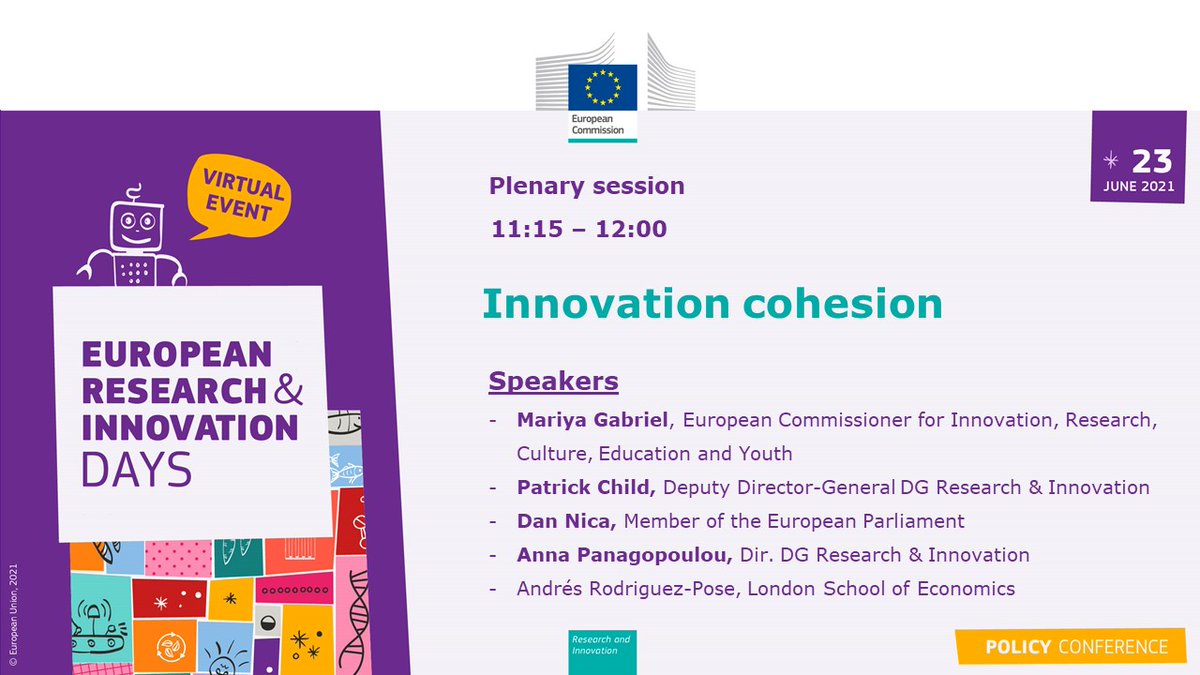 The innovation divide remains high in 🇪🇺 with little progress made so far. Addressing this challenge is an imperative. Join the discussion w/ <a href="/GabrielMariya/">Mariya Gabriel</a>, <a href="/childp_child/">Patrick Child</a>, MEP Dan Nica, <a href="/A_Panagopoulou/">Anna Panagopoulou</a> &amp; <a href="/rodriguez_pose/">Andrés Rodríguez-Pose</a> at #RiDaysEU!

Check the programme👉europa.eu/!tt79kK