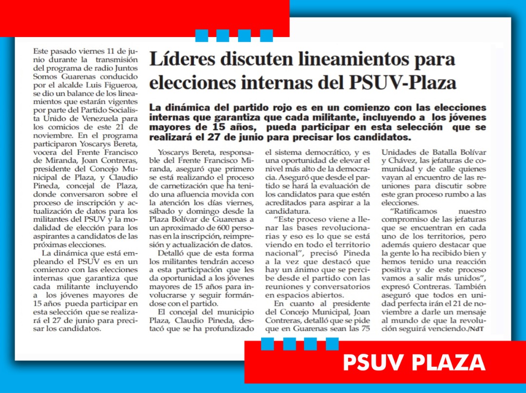 #LaNoticia 📰 

🔴 Líderes discuten lineamientos para elecciones internas del PSUV - Plaza 

#PuebloDefensorDeLaPatria #GuarenasCombativa #16Jun 
@luiscarPSUV @HectoRodriguez @NicolasMaduro @PartidoPSUV @PsuvMirandaVE @betzasofialuc