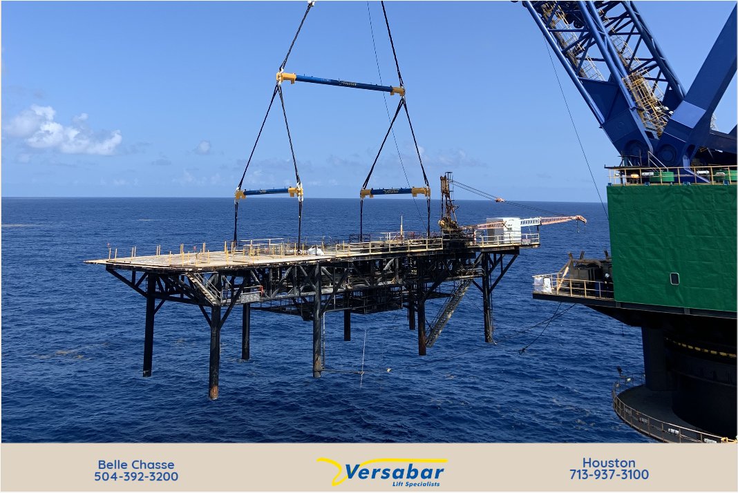 IncVersabar's tweet photo. Versabar recently provided a 3-bar system our customers in the Gulf of Mexico. This rigging system had a capacity of 400-tons and spanned 37' x 58'. Using our extensive rigging rental inventory, we were able to rig to a pre-determined center of gravity, providing a level lift. https://t.co/simrOJXWTv