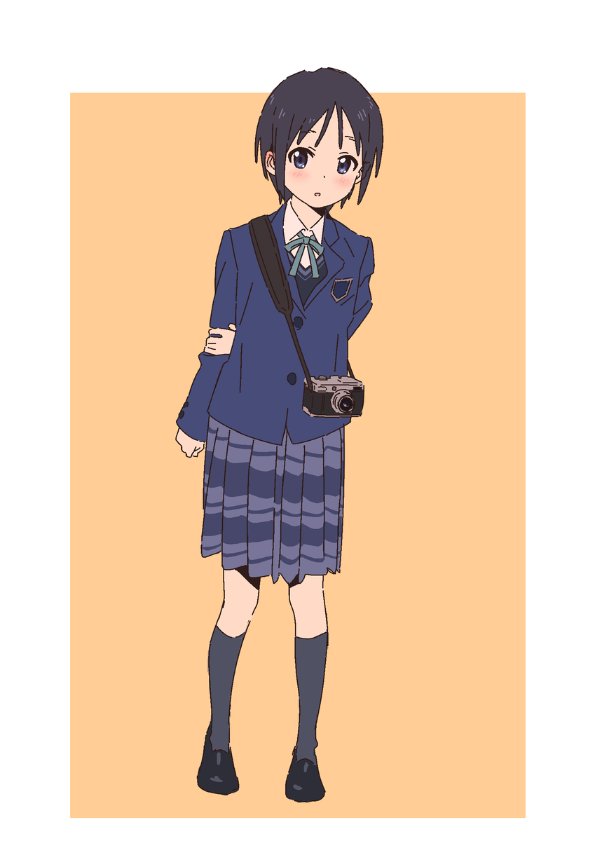 1girl solo school uniform short hair camera black hair skirt  illustration images
