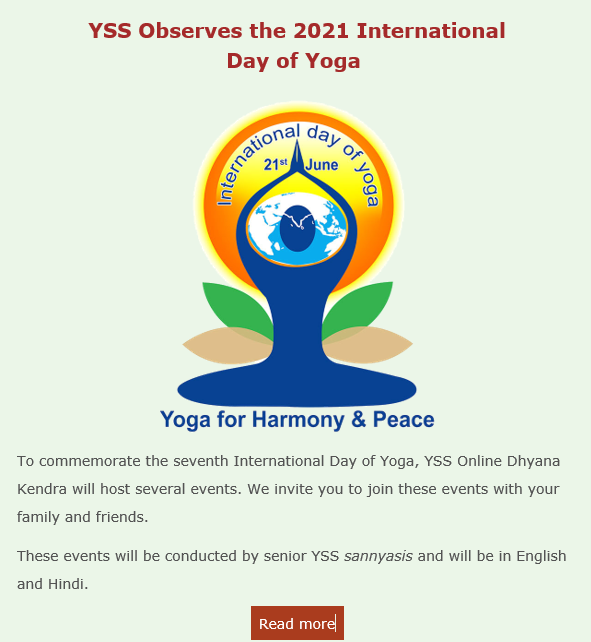 ysdkbengaluru's tweet photo. To commemorate the 7th International Day of #Yoga, #YSS Online Dhyana Kendra will host several #events by Senior YSS sannyasis in English and Hindi. 
We invite you to join these events with your family &amp; friends.
Please Visit @ https://t.co/vNxRtgdEq2

#yoga #meditation #IDOY https://t.co/bjmgIOAa36