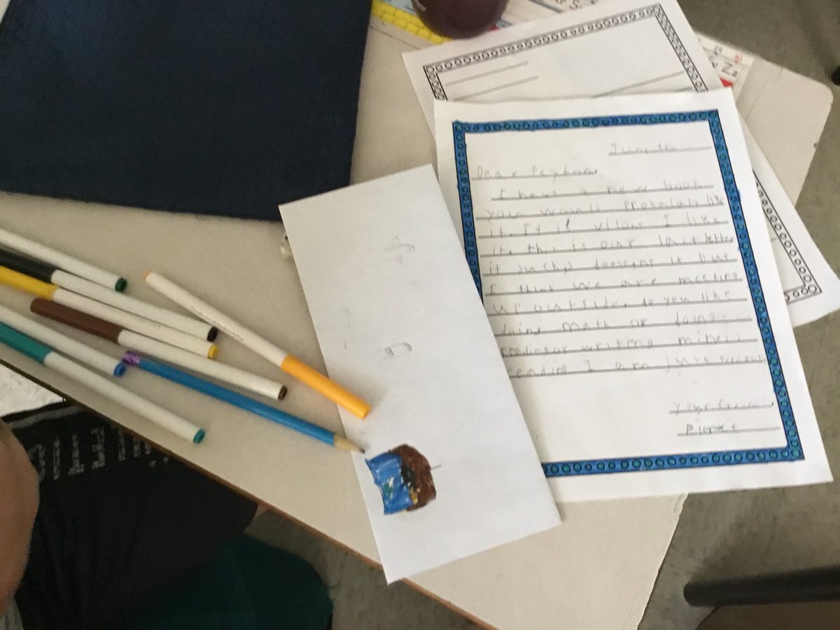 mrsdebertin's tweet photo. A throwback to last week when we were working on our last letters for our Grade 4 penpals. We deliver them this afternoon and do a physically distanced outdoor celebration this afternoon. #writeforapurpose @CentrevilleSch @MarginNotesASDW https://t.co/X5XmAjJhMG