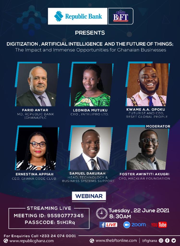 bftonline_'s tweet photo. Get ready for the #DigitalConf by Republic Bank & B&FT with discussions on Digitization, Artificial Intelligence, The Future of Things and it's Impact on Ghanaian Businesses. Save your Zoom ID & Passcode or watch on Facebook and YouTube alternatively
#BFTGhana #RepublicBankGhana https://t.co/dQZvbOlTzc