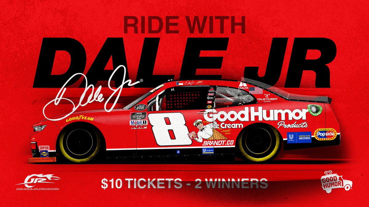 Are you ready to Ride With Dale Jr.? For $10 you could win 3 laps around @BMSupdates in the #8 @GoodHumor car with @DaleJr, a private tour of @JRMotorsports, 2 tickets to watch the Xfinity race at Bristol Motor Speedway and more! 

Tickets: https://t.co/SD6RJhut76 https://t.co/pXv62dCXAX