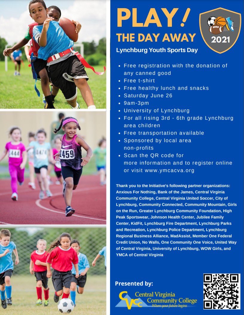 Mark your calendars for this great opportunity for young ones! 🗓 June 26, 2021 is #Lynchburg Youth Sports Day! Registration is free when you donate any canned good! #publichealth #centralVirginia 

Found out more at ⬇️