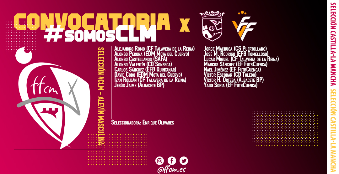 FFCM_es's tweet photo. 🛡 SELECCIÓN #CLM / Conoce todos los futbolistas convocados

📅 27 de junio
📍 Almansa (Albacete)
🆚 @ffrm_es / @FFCV_info 
👦🏻 Alevín / Infantil Masculino
🧒🏻 Alevín / Infantil Femenino

#somosCLM #selecciónCLM https://t.co/NGUfH0CVKB