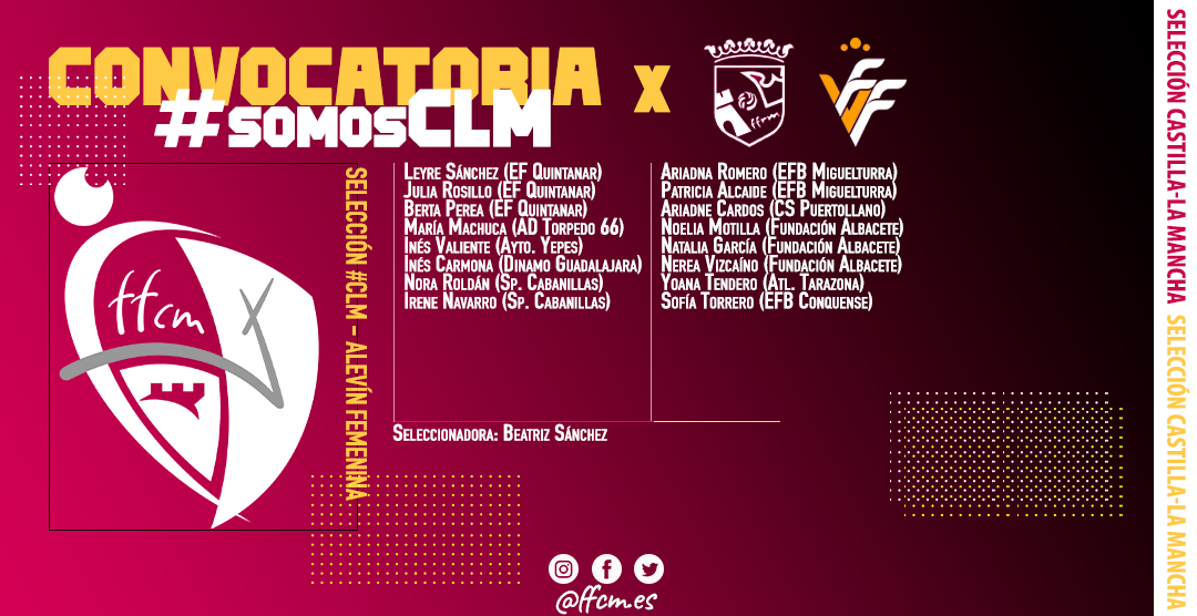 FFCM_es's tweet photo. 🛡 SELECCIÓN #CLM / Conoce todos los futbolistas convocados

📅 27 de junio
📍 Almansa (Albacete)
🆚 @ffrm_es / @FFCV_info 
👦🏻 Alevín / Infantil Masculino
🧒🏻 Alevín / Infantil Femenino

#somosCLM #selecciónCLM https://t.co/NGUfH0CVKB