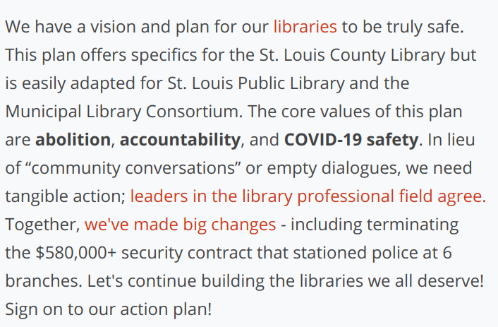 Lib4AllSTL's tweet image. Please sign on & share our abolition action plan for St. Louis County Libraries!! We are delivering this plan in the coming days. actionnetwork.org/petitions/libr…
#CareNotCops
#ParticipatoryBudgeting
#LibrariesforBlackLives