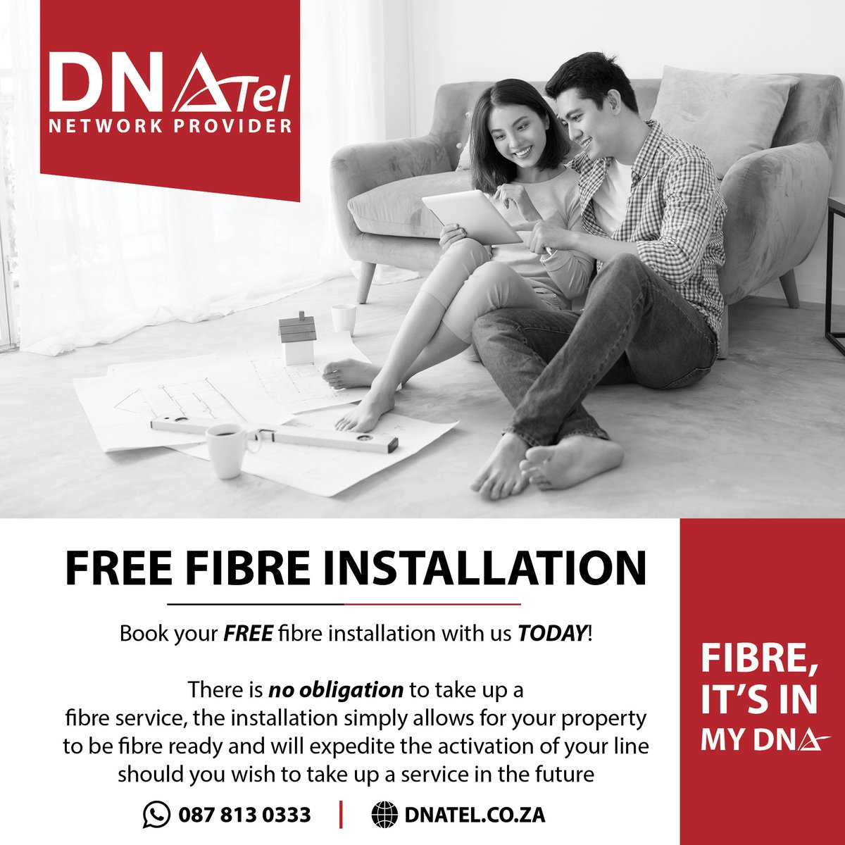 DNATel_ZA's tweet photo. Want a FREE fibre installation? Then do not miss out on our FREE #fibre installation promotion! 🥳

Call or WhatsApp 087 813 0333 to make your booking for your free fibre installation into your home/business TODAY! 🎉

#FibreInternet #DNATel https://t.co/LmgNMu5IkW