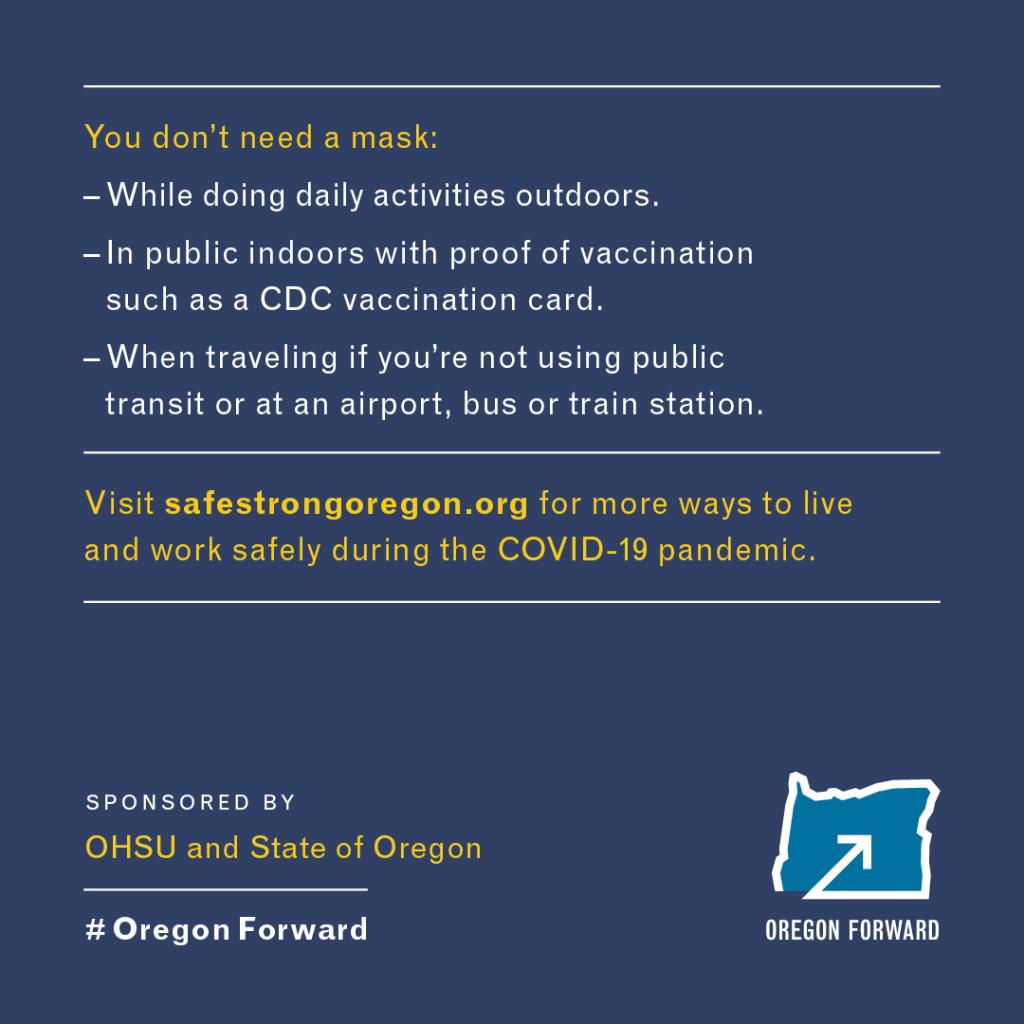 OHSUNews's tweet photo. Masked-up vs. bare-faced.
As more Oregonians become fully vaccinated, we’re able to resume some things we’d stopped doing because of the pandemic.
If it’s been two weeks since your final COVID-19 shot, you also can go unmasked in many situations. #OregonForward https://t.co/KUMELhD6Uf