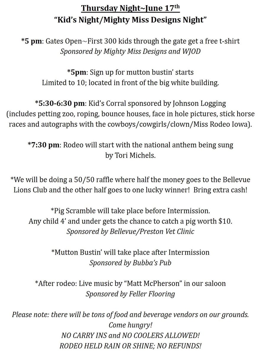 JCPR_2020's tweet photo. Want to know what to expect tonight!? Here’s the run down! 

Our vendors are set up and our beverages are iced down. We can’t wait to see you for a great night of rodeo!🤠 https://t.co/rmYQkgewJv