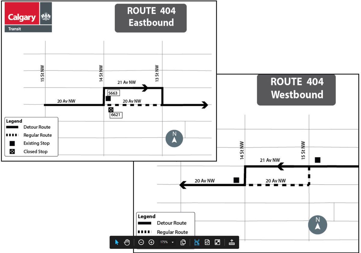 calgarytransit's tweet photo. #CTRiders #Route404 Detour in operation on weekdays between 07:00 and 16:00 only till June 22nd. The following eastbound stop will be temporarily closed: EB 20 Av NW @ 14 St NW (#6621).Customers should use the following stop: NB 14 St @ 20 Ave (#5663) https://t.co/klADVXVnCD