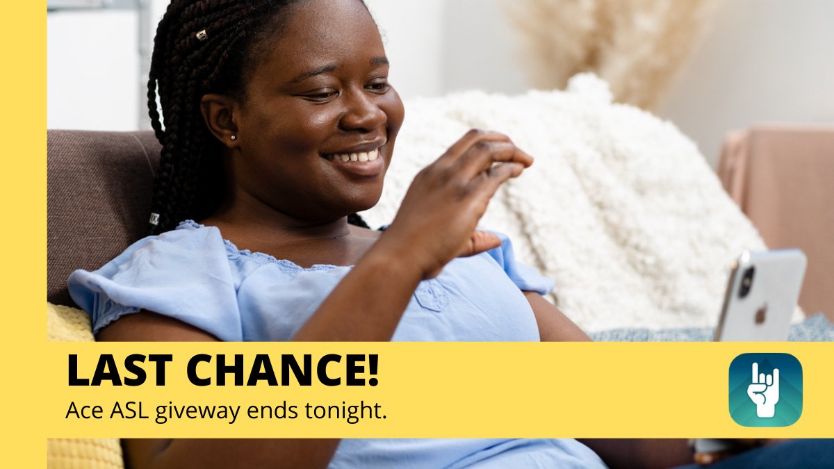 SignallUS's tweet photo. Our giveaway ends tonight! Enter by 11:59PM EST for a chance to win lifetime premium access to Ace ASL, our interactive #signlanguage app. Our 3 lucky winners will be announced tomorrow!

ENTER TO WIN at https://t.co/wTELNK0WEa
Winners announced June 18. For iOS only. https://t.co/H9WFvepy7F