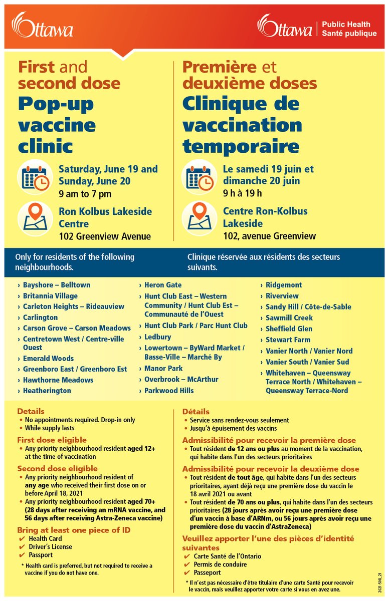A pop-up vaccine clinic is happening in our area this Saturday and Sunday. This is for 1st and 2nd doses and for those living in the neighbourhoods listed below!
