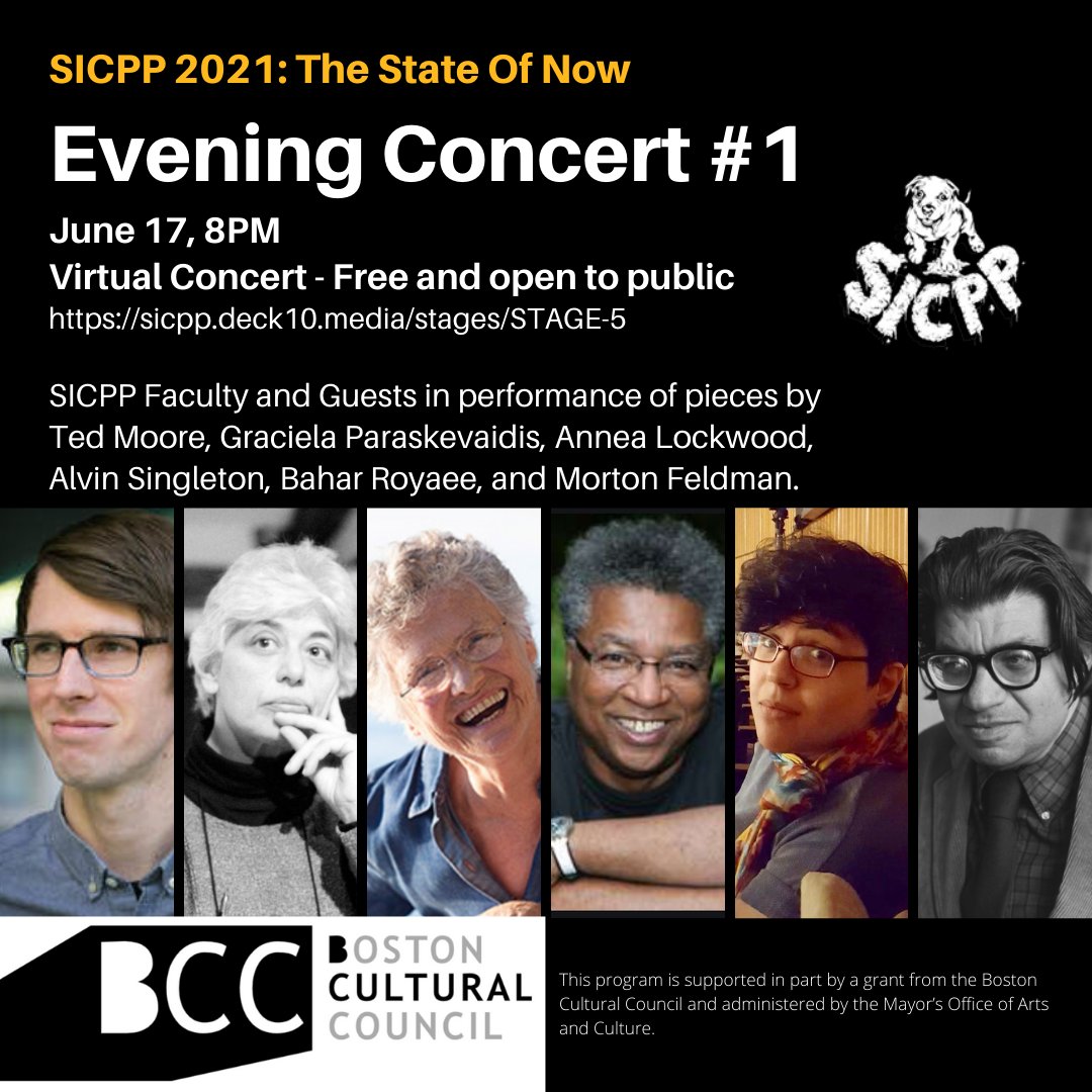 sicpp's tweet image. TONIGHT at 8pm EDT is our first Evening Concert! A virtual concert free and open to the public.

sicpp.deck10.media/stages/STAGE-5 

SICPP Faculty and Guests perform pieces by Ted Moore, Graciela Paraskevaidis, Annea Lockwood, Alvin Singleton, Bahar Royaee, and Morton Feldman.

#sicpp2021