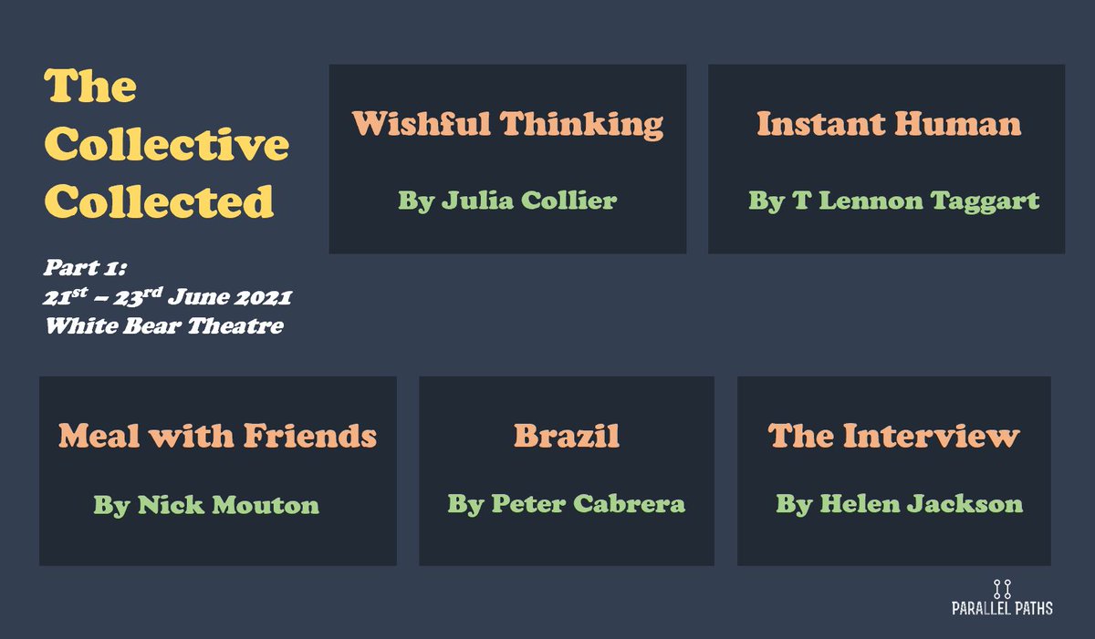 ParallelPathsUK's tweet image. Meet our writers &amp;amp; their plays!
Our #festival of 10 short #plays, 'The Collective Collected', starts next week at @WhiteBearTheatr with Part 1 from 21st-23rd June.
Tickets are limited due to #Covid #SocialDistancing so book your tickets🎟️now! #theatre🎭🙌whitebeartheatre.co.uk/whatson/The-Co…
