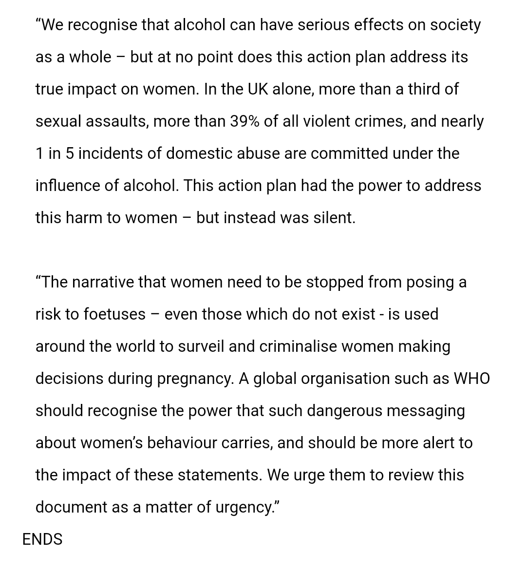 Strong words from the British Pregnancy Advisory Service (<a href="/BPAS1968/">BPAS</a>) on the draft World Health Organisation alcohol action plan that says all women of childbearing age should be prevented from drinking...