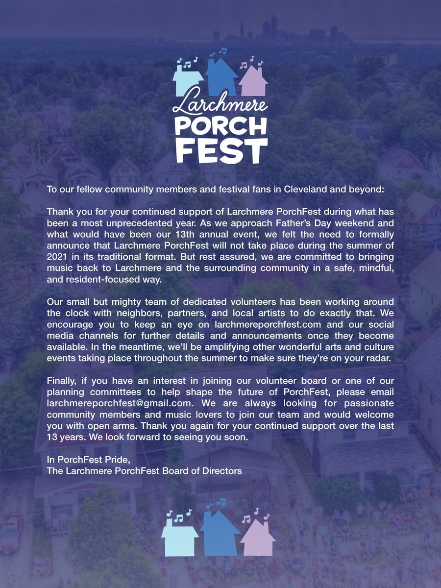 PorchFest update 📣 as we approach what would have been our 13th annual event. Please see below. 

Want to help shape the future of #PorchFestCLE? Send us an email at larchmereporchfest@gmail.com. 📧 

More to come at larchmereporchfest.org.