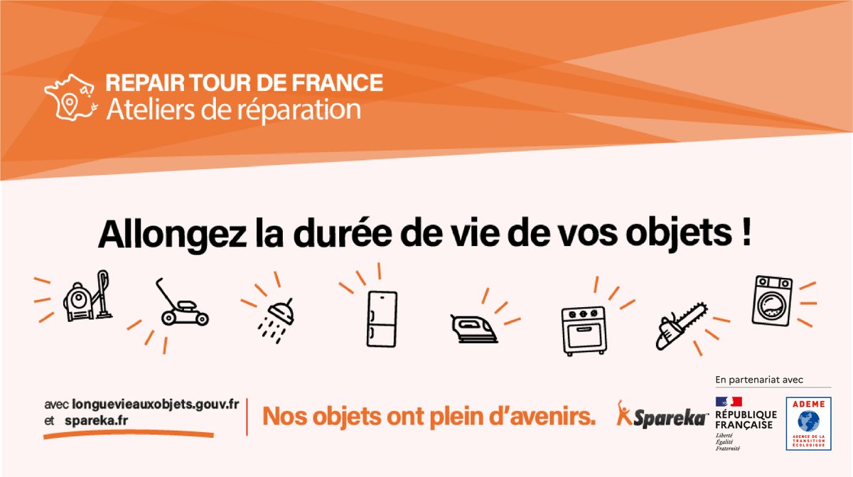 ademe's tweet photo. [#Déchets] ♻️
Participez au #RepairTour org. par @spareka en part. ac l'@ademe &amp; @Ecologie_Gouv ! 🤩
➡️ Un atelier collaboratif pr apprendre à #réparer vos appareils électriques !
📅 Le 30/06, de 9h à 15h, à @nantesfr, place du Bouffay
Infos 👉 https://t.co/u8dSoLvEse https://t.co/POltGXvHPO