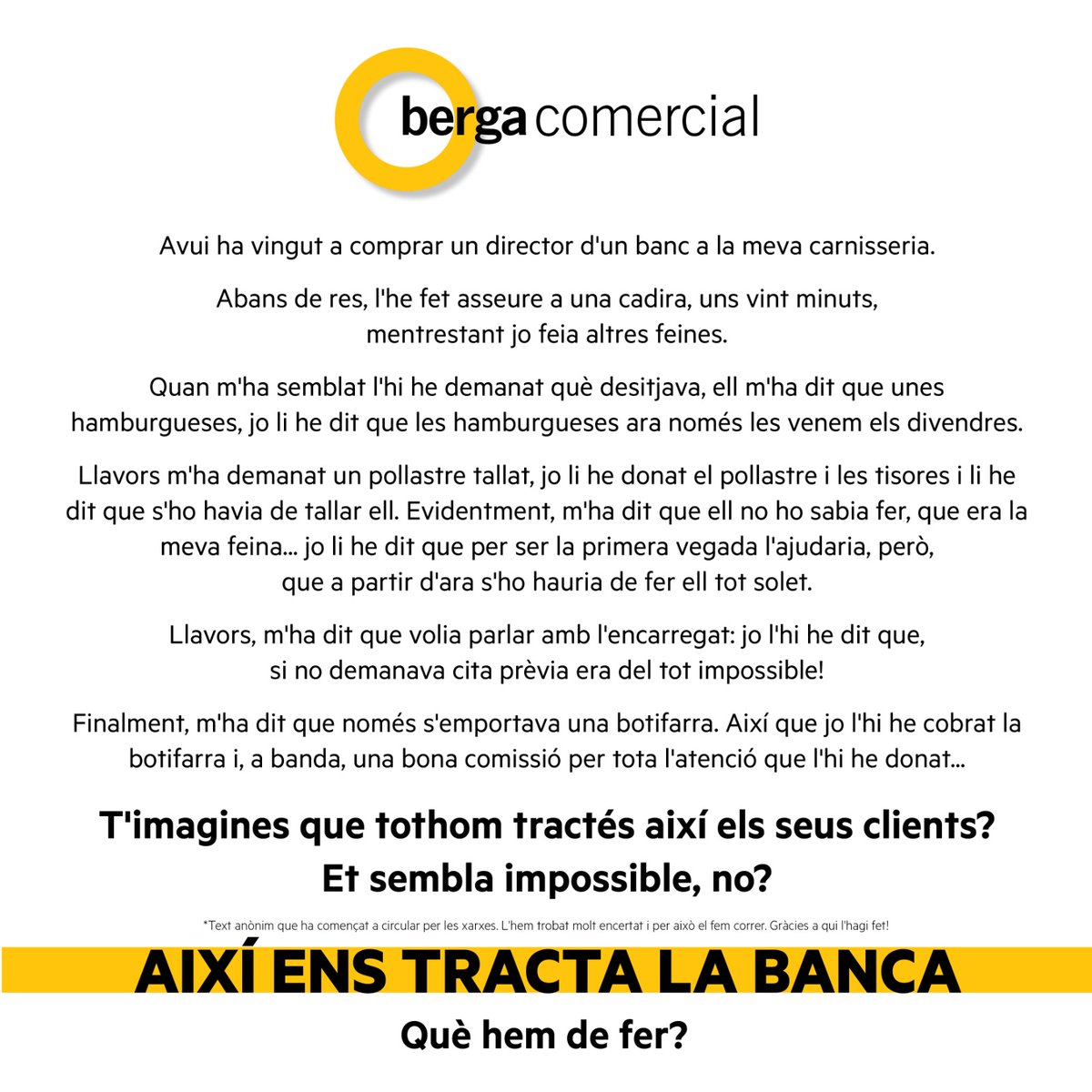 Avui, hem fet correr aquest post. Ens ha arribat aquest text per WhatsApp i l'hem trobat molt encertat. Gràcies al qui l'ha fet! És real com la vida mateixa!! És escandalós!!