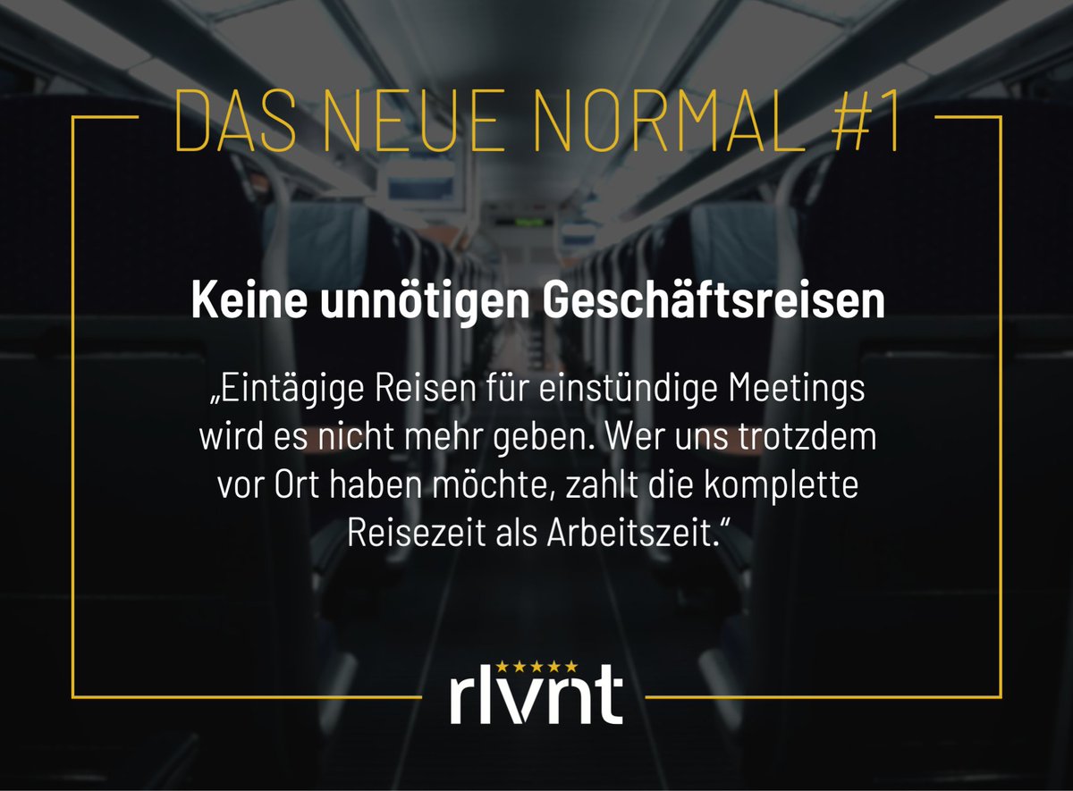 #NeuesNormal Keine unnötigen Geschäftsreisen mehr! ☝️Wir wollen keine langen Bahn-oder Autoreisen unternehmen, wenn wir Projekte auch digital über Zoom oder Miro meistern können. Denn wir haben gelernt: Vieles geht auch online! #rlvnt Und wie handhabt ihr nun #Geschäftsreisen?