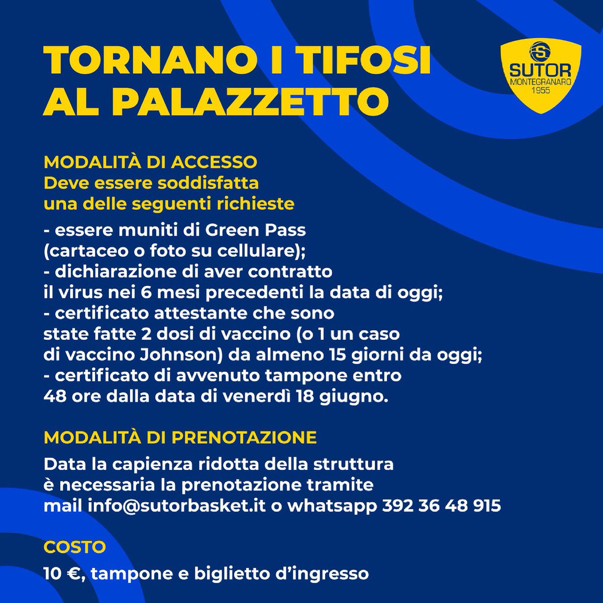 sutorbasket's tweet photo. Domani ULTIMA partita casalinga di questa stagione 💛💙 

 ⚠️ CHI SI E' TAMPONATO IERI AL PALAZZETTO DOMANI NON DOVRA' FARE IL TAMPONE ⚠️

💉 Tamponi domani dalle 18:30 alle 19:45

📱 Prenotazioni via whatsapp al 3923648915 o mandando una mail a info@sutorbasket.it 

#Sutor https://t.co/kot7iaFsEJ