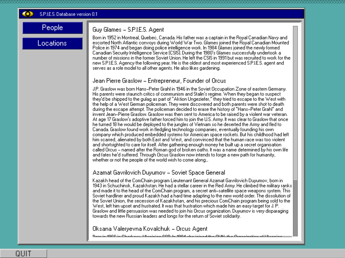 S.P.I.E.S. operations room. You can use the computers in this room to read about the game's characters and locations.