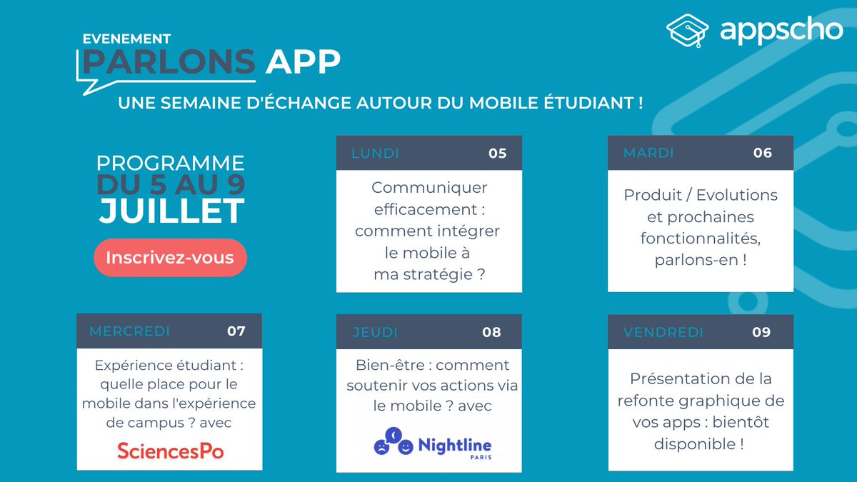 🚀Communication, expérience étudiant, évolution produit et nouveautés... Ne manquez pas notre semaine d'échanges autour du mobile étudiant ! 📅ça se passe du 5 au 9 juillet à 16h ! Infos et inscriptions ici 👉 blog.appscho.com/evenement-parl…