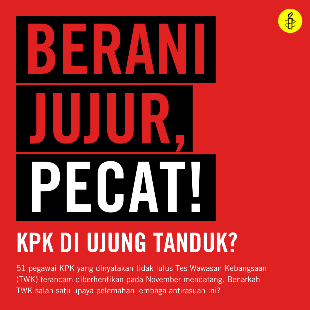 amnestyindo's tweet photo. Sebanyak 51 pegawai KPK yang dinyatakan tidak lulus Tes Wawasan Kebangsaan (TWK) terancam diberhentikan pada November mendatang. Benarkah TWK salah satu upaya pelemahan lembaga antirasuah ini?
Simak '#TheRightsFacts: Berani Jujur, Pecat!: KPK di Ujung Tanduk?'.
Sebuah utas. https://t.co/VpVgXK7PKz