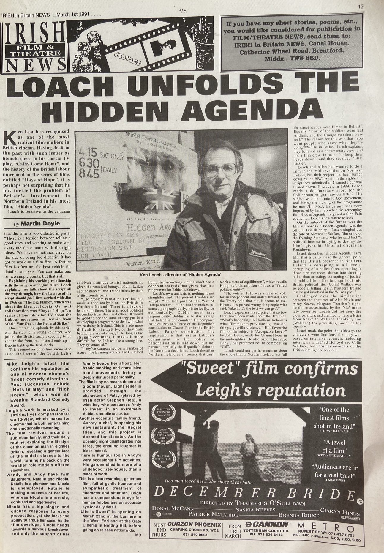 Ken Loach is 85 today, I see. Happy birthday,  An interview from 1991 about his film Hidden Agenda 