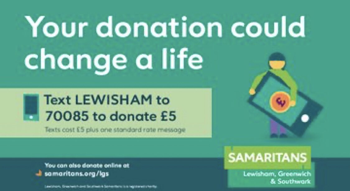 LGSSamaritans's tweet photo. Your donation could change a life.  Text LEWISHAM to donate £5.  Text costs £5 plus one standard rate message. #TextDonation #Lewisham #Greenwich #Southwark #Samartians https://t.co/cM7sXwci8n