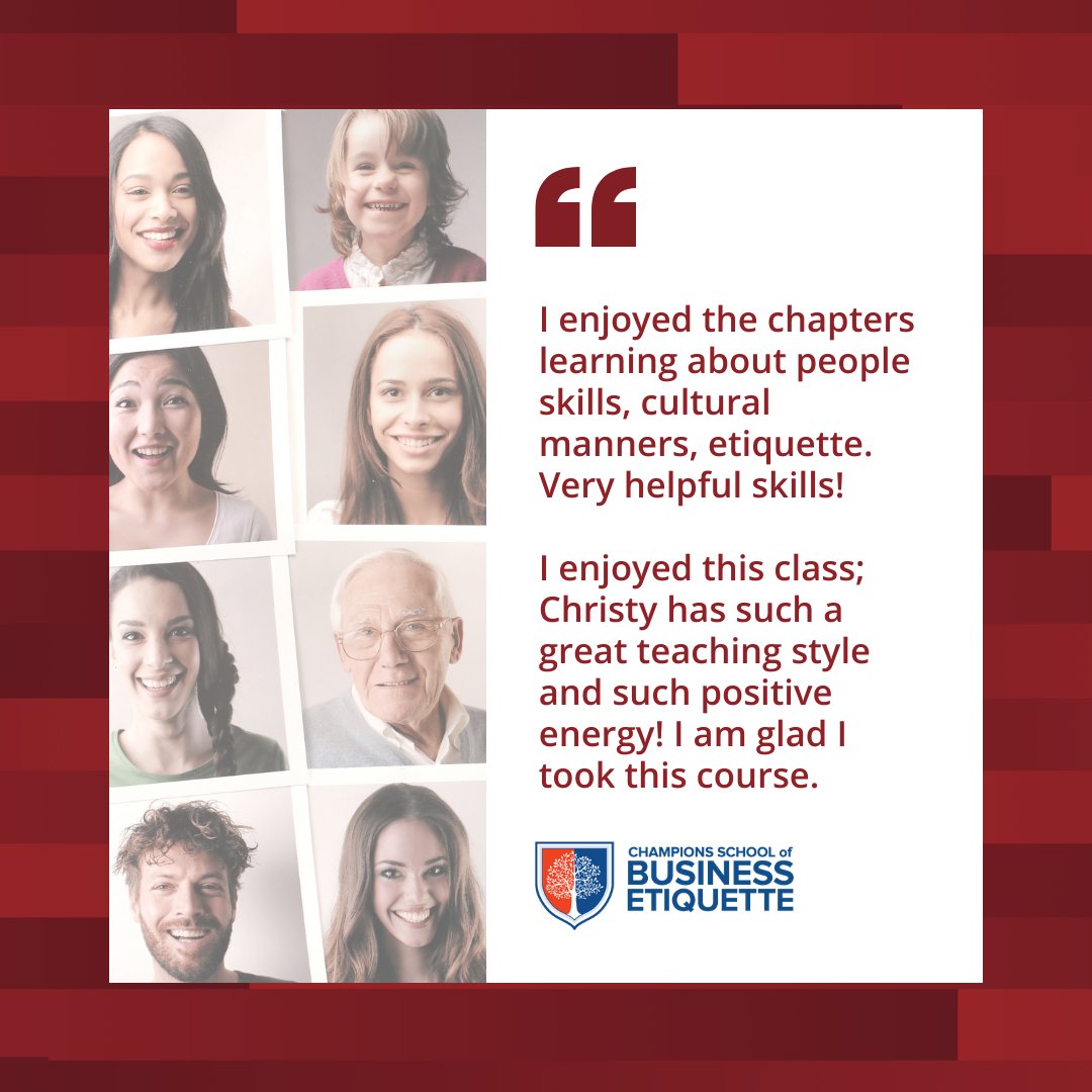 Etiquette_Class's tweet image. People skills, cultural mannerisms, and etiquette skills in general will carry you forward a long way in life. 

Learn how Champions School of Business Etiquette can help you by visiting ChampionsBusinessEtiquette.com today!