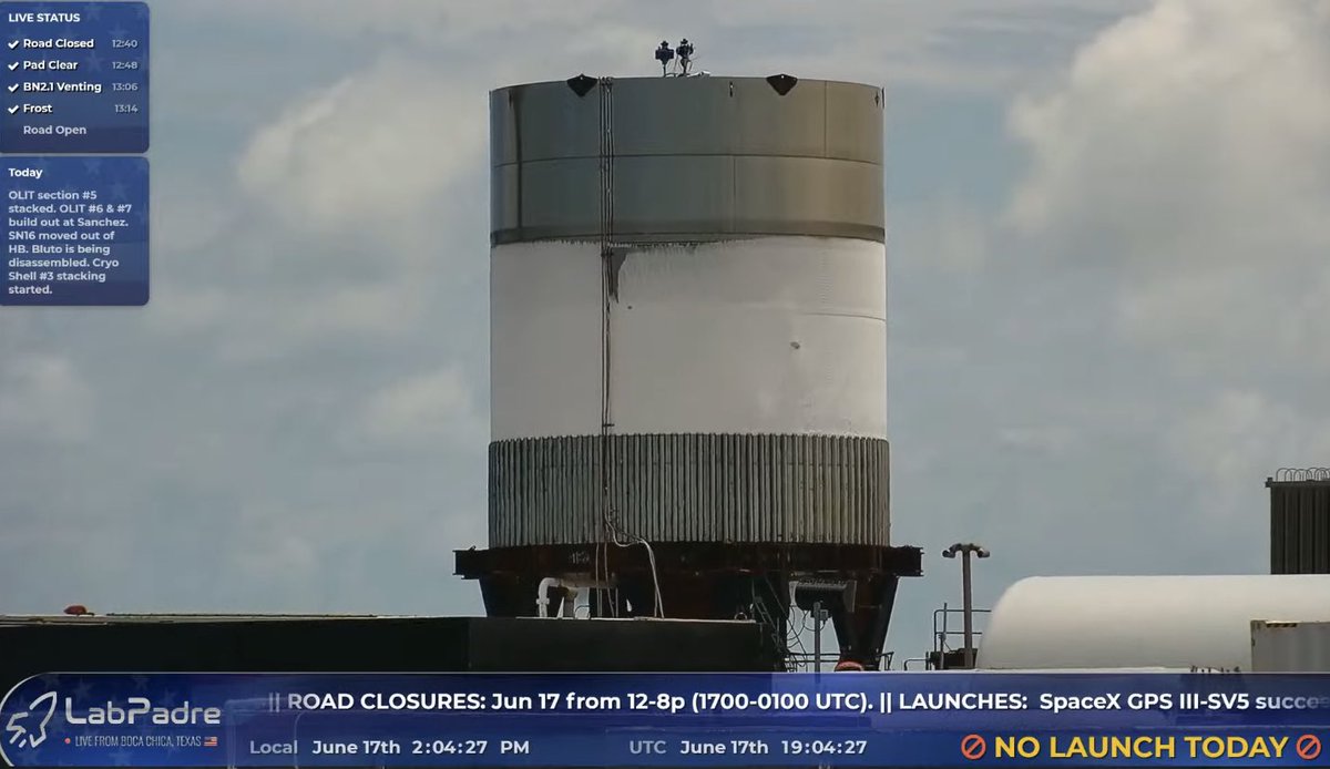WatchersTank's tweet image. 🚨BN2.1 CRYO PROOF TEST #2

Super Heavy test tank BN2.1 is currently undergoing its second cryo test to verify the building techniques are effective. This will ensure full-scale boosters will be able to withstand in-flight pressures.

📸@LabPadre 

#SpaceX @elonmusk