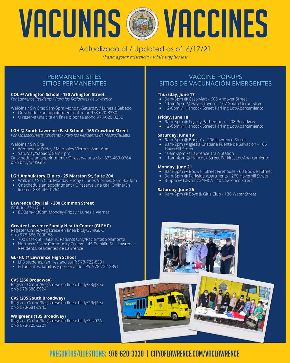 📅 Por favor, consulte el horario de esta semana para las vacunas sin cita
📅 Please see attached for this week's vaccine walk-in schedules

cityoflawrence.com/vaclawrence

#LawrenceMA