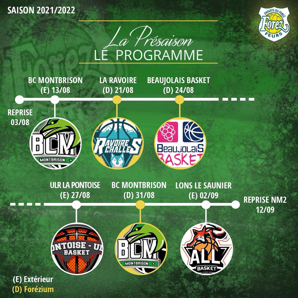 🗓 [LE PROGRAMME] 🗓 

La reprise de l'entrainement est fixée au Lundi 2 Août.

- 13/08/2021 à #Montbrison 
- 21/08/2021 vs #LaRavoire
- 24/08/2021 vs <a href="/Bjls_Basket/">Beaujolais Basket</a>
- 27/08/2021 à la #Pontoise 
- 31/08/2021 contre #Montbrison 
- 02/09/2021 à #ALLBasket

#GrandirEnsemble💚💛 #EFF🏀