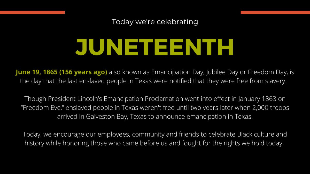 FleishmanTX's tweet photo. Today our offices are closed to commemorate #Juneteenth, the day the last enslaved people in Confederate territory were notified of their freedom. We invite you to join us in reflection on this momentous day and find ways to celebrate Black culture and history. https://t.co/6RTyu8FfH3
