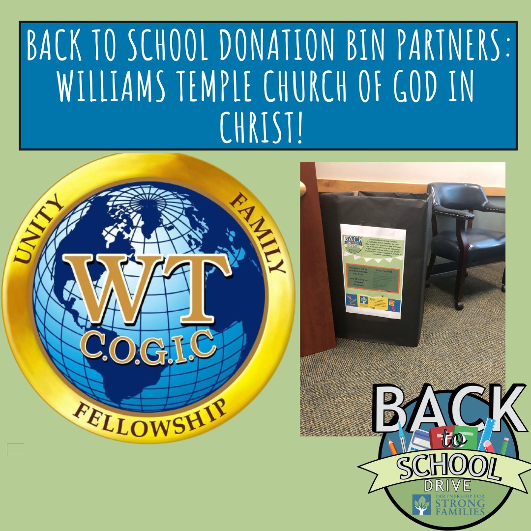 During our #BackToSchool drive, we rely on partners like Williams Temple Church of God in Christ to host our donation bins. Thank you so much for supporting our mission of preparing our youth for the school year! #PrepareThemForTheirPotential #EquipThemWithTheEssentials