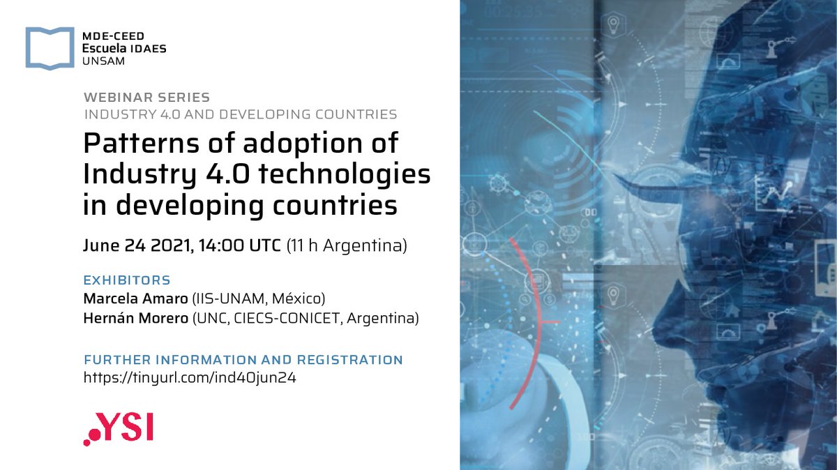 In the 2nd session, Marcela Amaro (IIS-UNAM) and Hernán Morero (UNC-CIECS, CONICET) will talk about 'Patterns of adoption of Industry 4.0 technologies in developing countries'. Looking forward to seeing you there!
24 June - 14:00 UTC
Link to 2nd session: tinyurl.com/ind40jun24