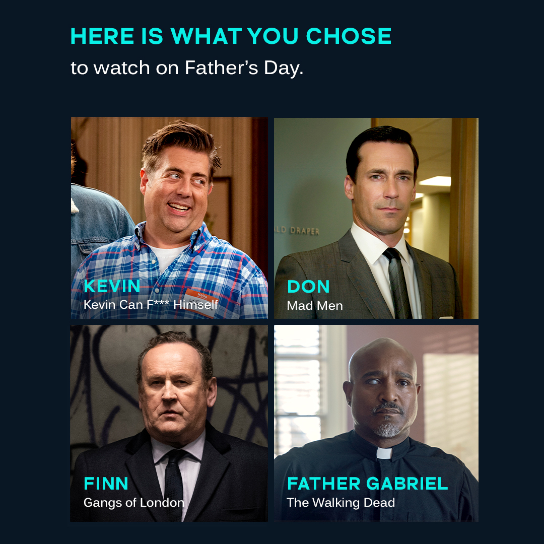 Pick a #FathersDay bonding activity and we'll pair you with an AMC+ dad to watch. Watch shows like #KevinCanFHimself, #MadMen, #GangsOfLondon, and #TWD now on AMC+.
