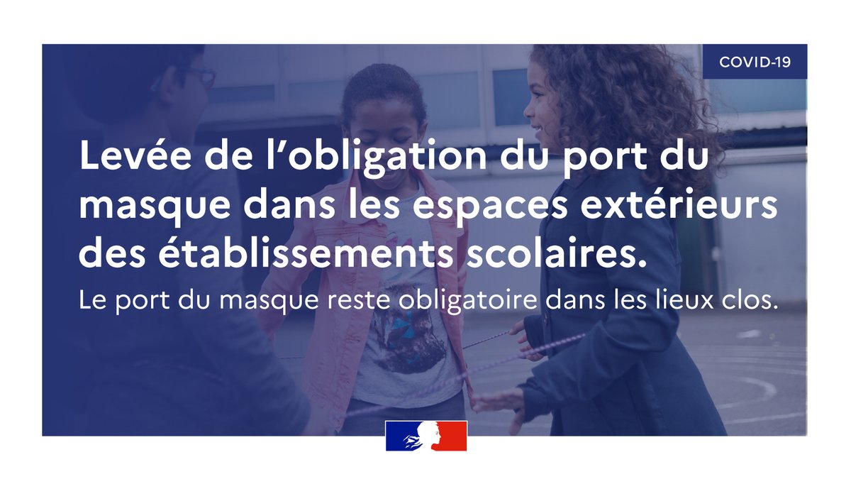 #COVID19 | À compter d'aujourd'hui, le port du #masque en extérieur n'est plus obligatoire. Cette mesure s'applique aux espaces extérieurs des écoles, collèges et lycées : cours de récréation, préaux et autres espaces de plein air 😃