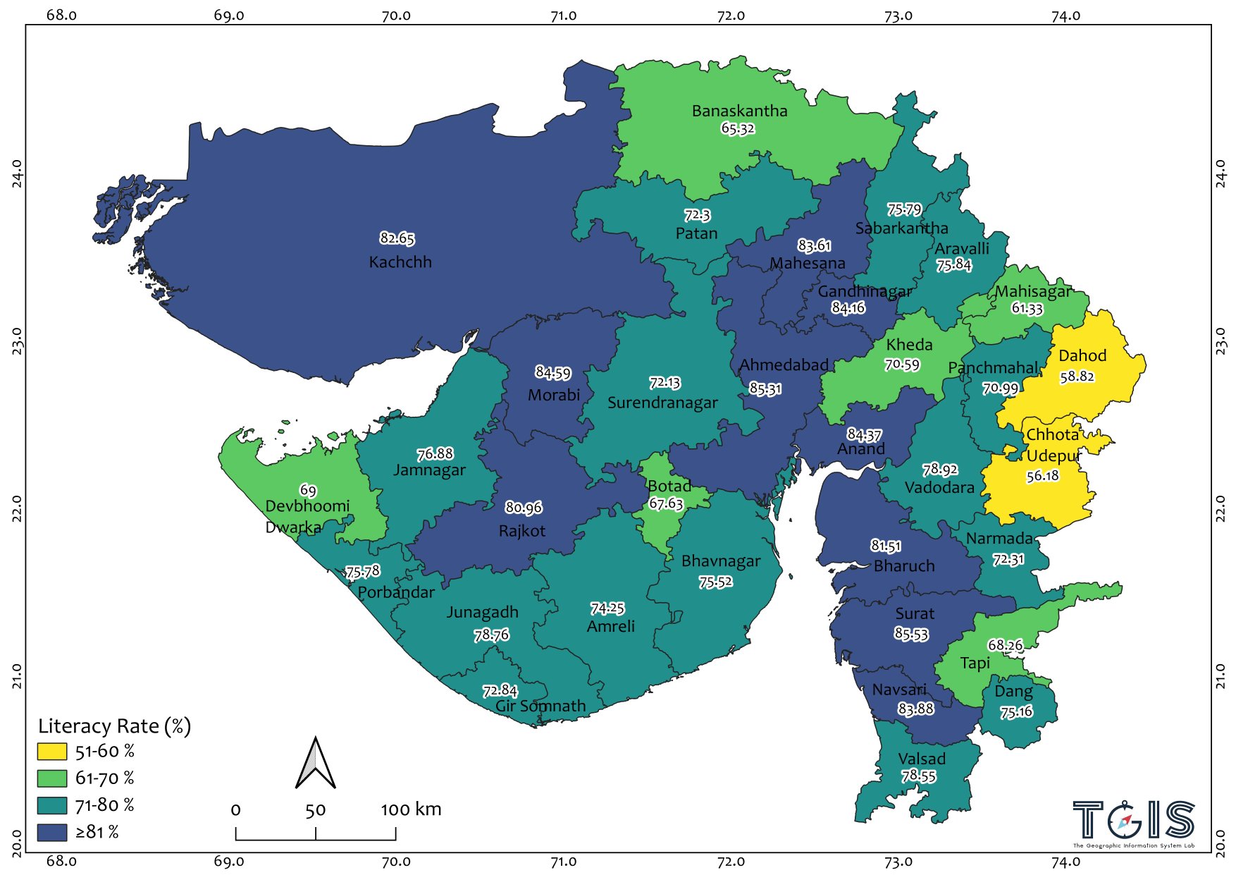 Chhota Udepur District Map Tgis On Twitter: "A Map Showing District Wise Literacy Rate (%) Of Gujarat.  With 85.5 And 85.3 % Literacy, Surat And Ahmedabad Hold Top Position In  Gujarat, While Chhota Udepur Has The