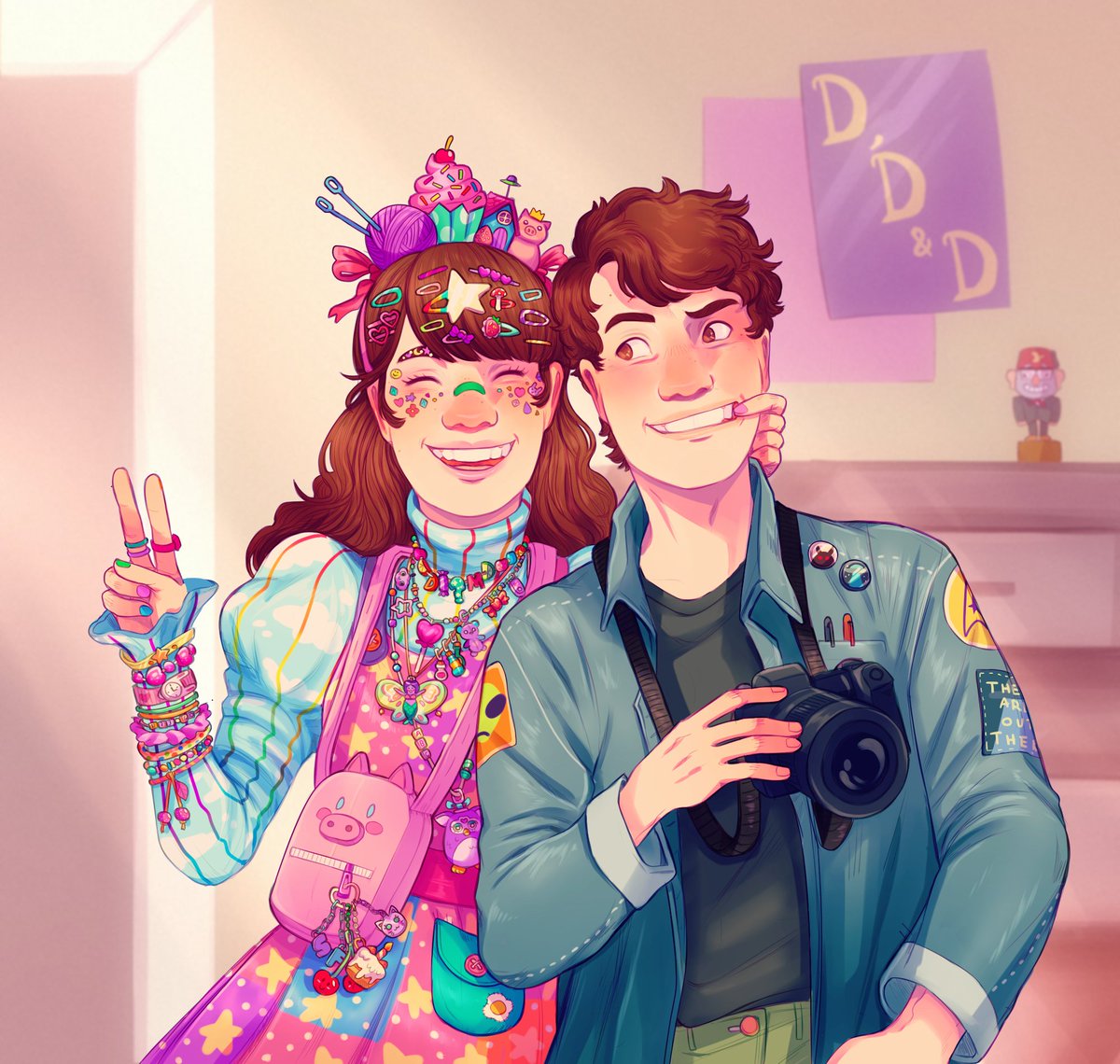 Dipper and mabel...all grown up #GravityFalls I like to imagine that  mabel's style just gets more intense as she grows up and has the money to  go all out, image size:1200x1140