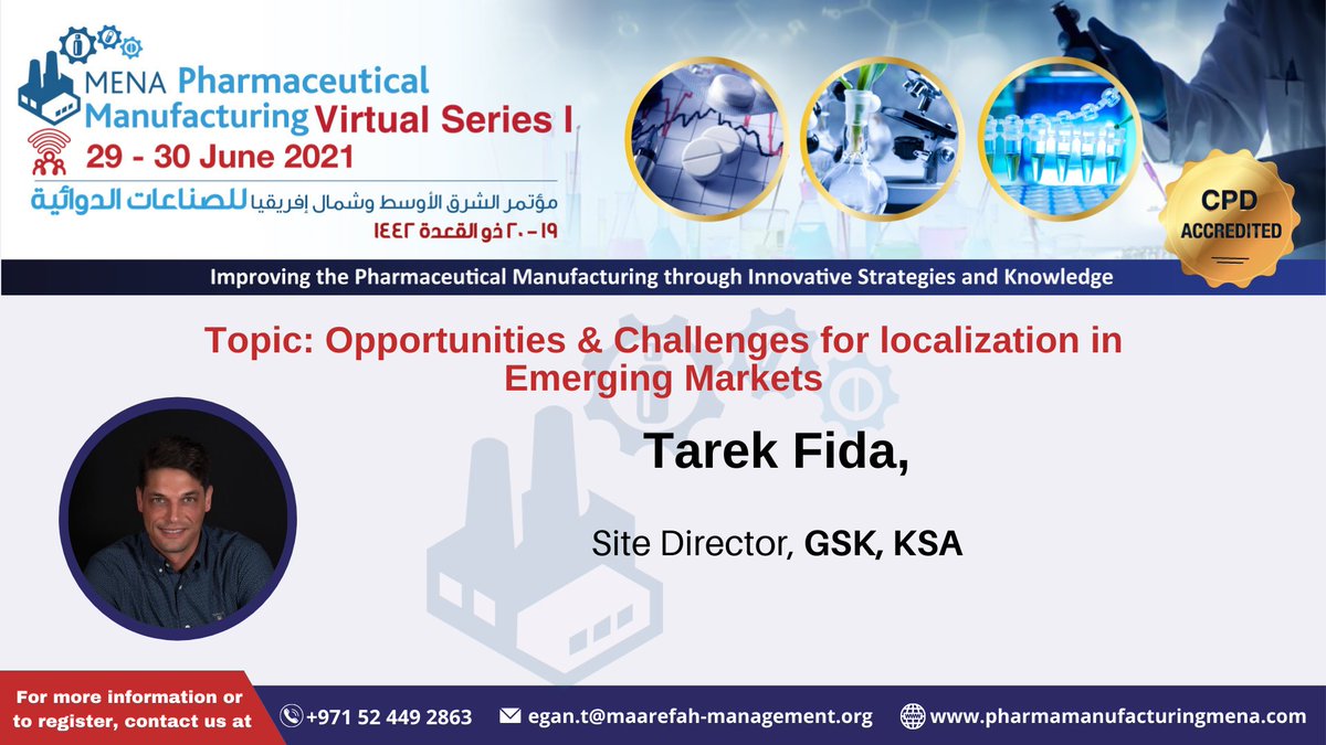Pharma_Mfg's tweet photo. Tarek Fida of GSK KSA will talk about the Opportunities &amp; Challenges for Localization in Emerging Markets. Make sure you register to attend.

Register Now: https://t.co/zQO6dZvmaO

#Pharma #Serialization #NovelTechnology #OpenInnovation #Biosimilars #DigitalTransformation https://t.co/IVAYClFdyM