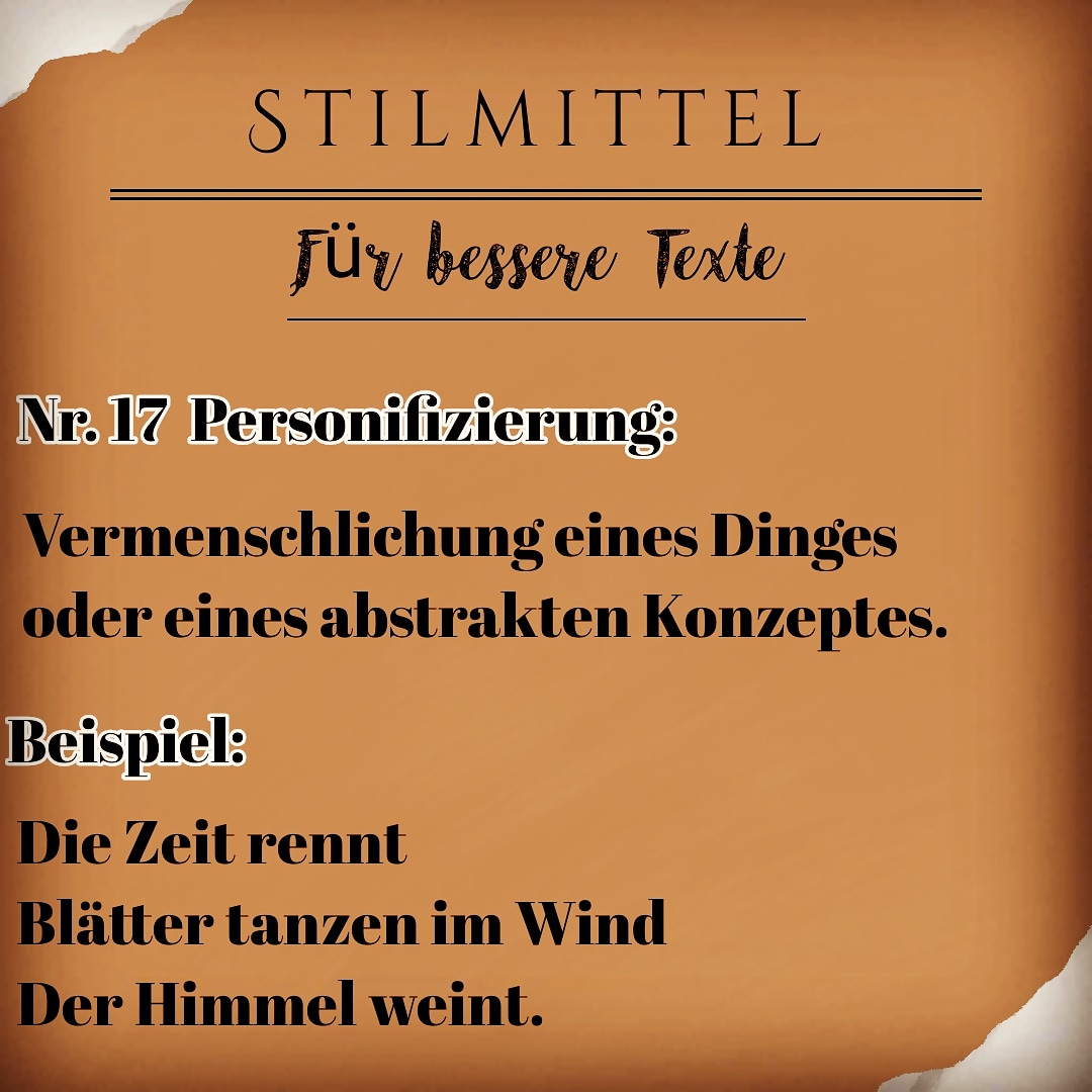 wallner_s's tweet photo. #Stilmittel Nr.17, Personifizierung:
Vermenschlichung eines Dinges oder eines abstrakten Konzeptes.
Beispiel:
Die Zeit rennt.
Blätter tanzen im Wind.
Verwendet ihr dieses Stilmittel?
#DerSinn #fragen #autor #schreibe #writerslife #writingcommunity https://t.co/kRimOcILsC