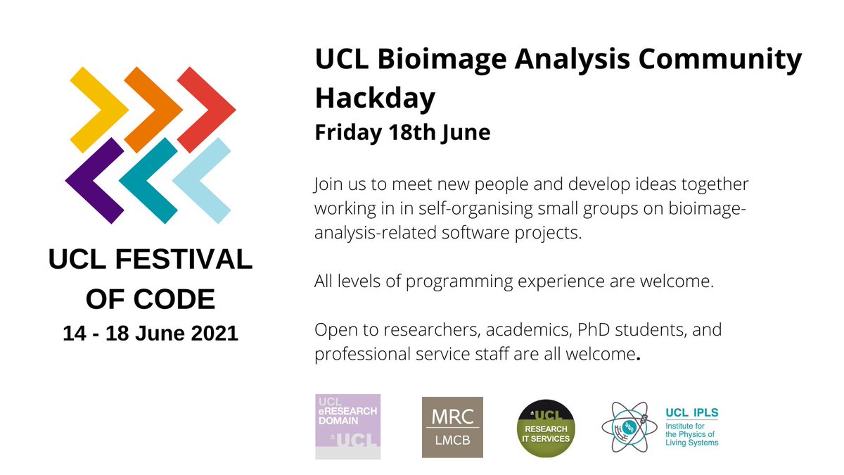 eResearch_UCL's tweet photo. Final day of #UCLCodeFest tomorrow!
Get together to work on a #bioimage-analysis software project for a day
All experience levels welcome & registration is still open! @uclrits @giulia_paci
https://t.co/Np0i2Y9u2D https://t.co/fgF5TWTJ2Q