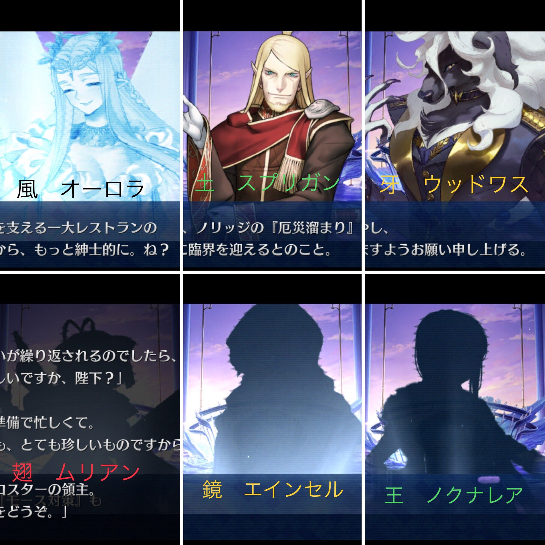 オリ 氏族の長 風 オーロラ ソールズベリー領主 土 スプリガン ノリッジ領主 牙 ウッドワス オックスフォード領主 翅 ムリアン グロスター領主 鏡 エインセル 湖水地方の守り人 王 ノクナレア エディンバラ統治者