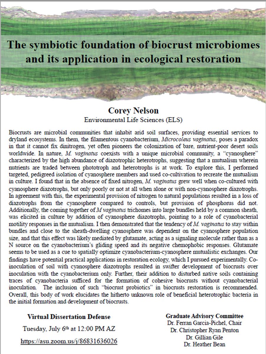 Corey is getting ready for the finish line! 
You are invited to hear about cyanos with a taste for umami and about biocrust probiotics.