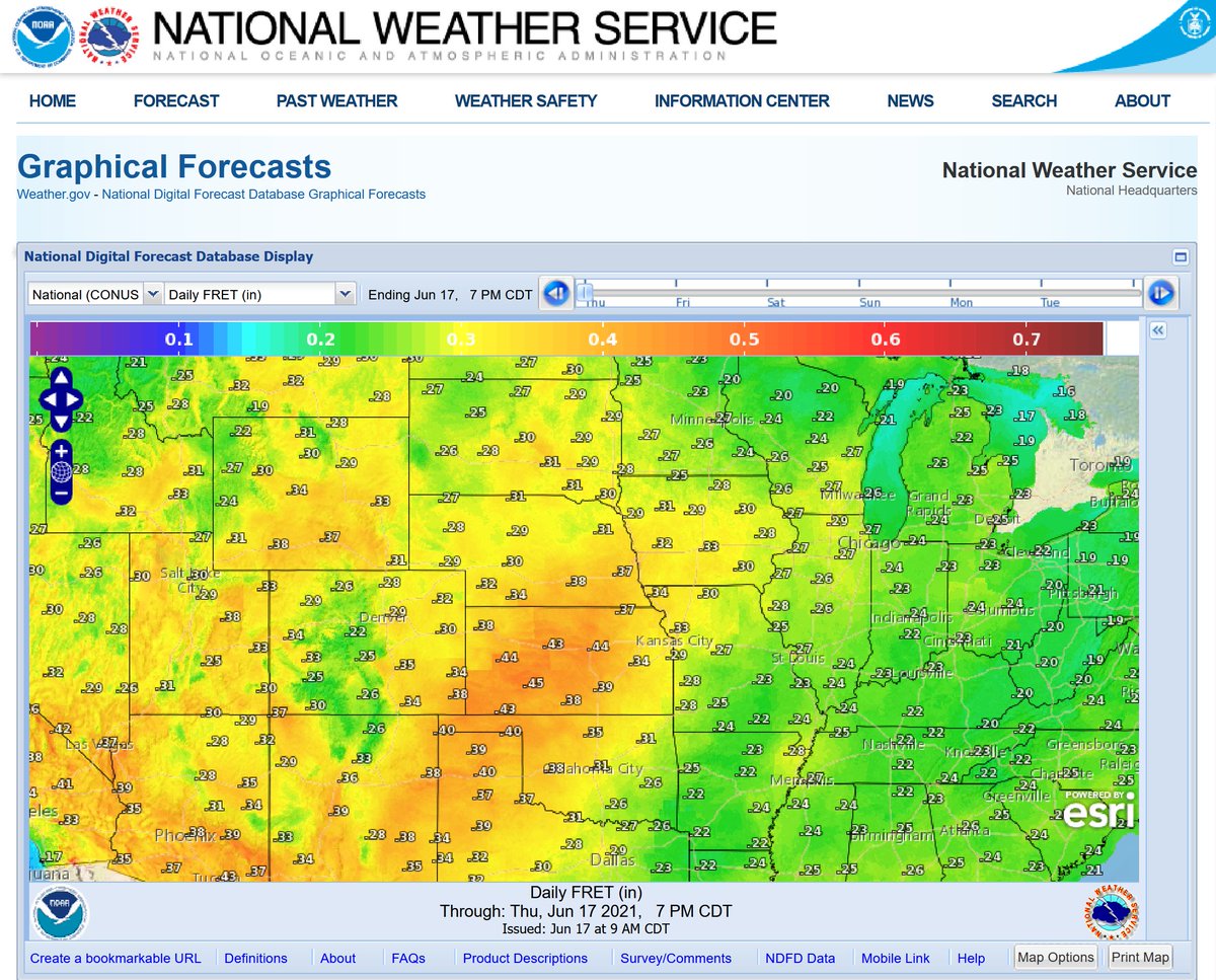 PGRBill's tweet photo. The forecast reference evapotranspiration (FRET) from the NWS (https://t.co/vYLW79VQpX) predicts high water use today (104F, 12% RH, 15G24 wind &amp; FRET=0.37"). 

A 10% wilt point, 6" roots, &amp; 80% crop coefficient, the @JimAgerGolf greens need to be <15% to make it through the day. https://t.co/tlWUEKsduE