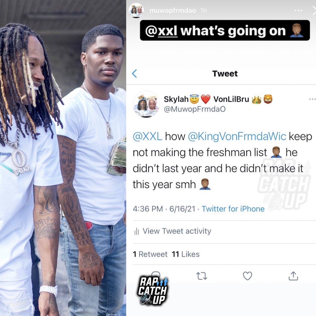 RapCatchUp's tweet image. O-Block’s Muwop questions why King Von never made the @xxl Freshman List in 2020 or this year. RIP Von 🕯@MuwopFrmdaO
